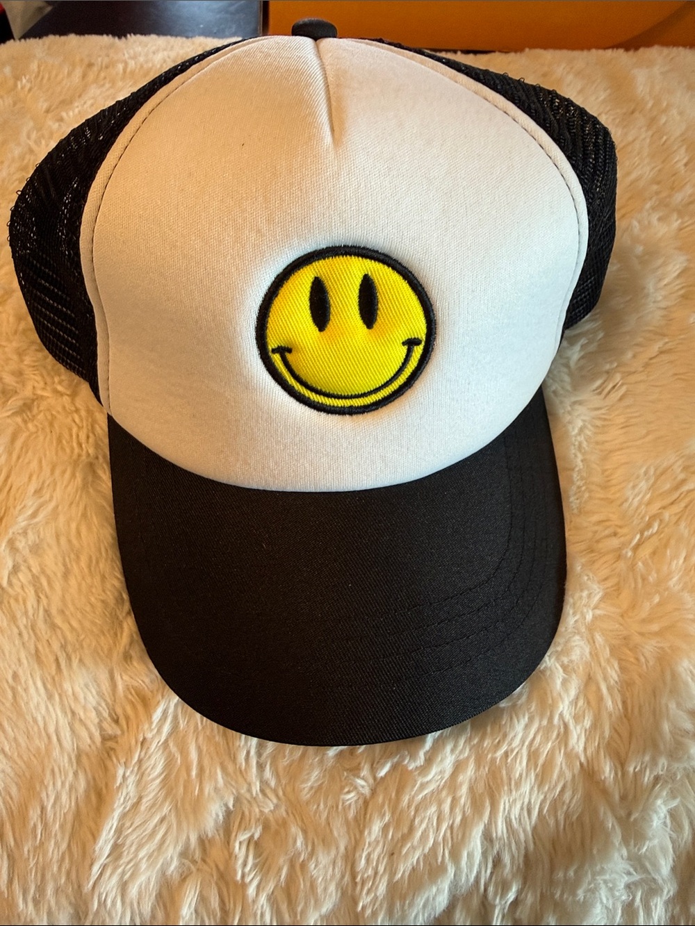 Vintage Black & White Trucker Hat with Yellow Smiley Patch